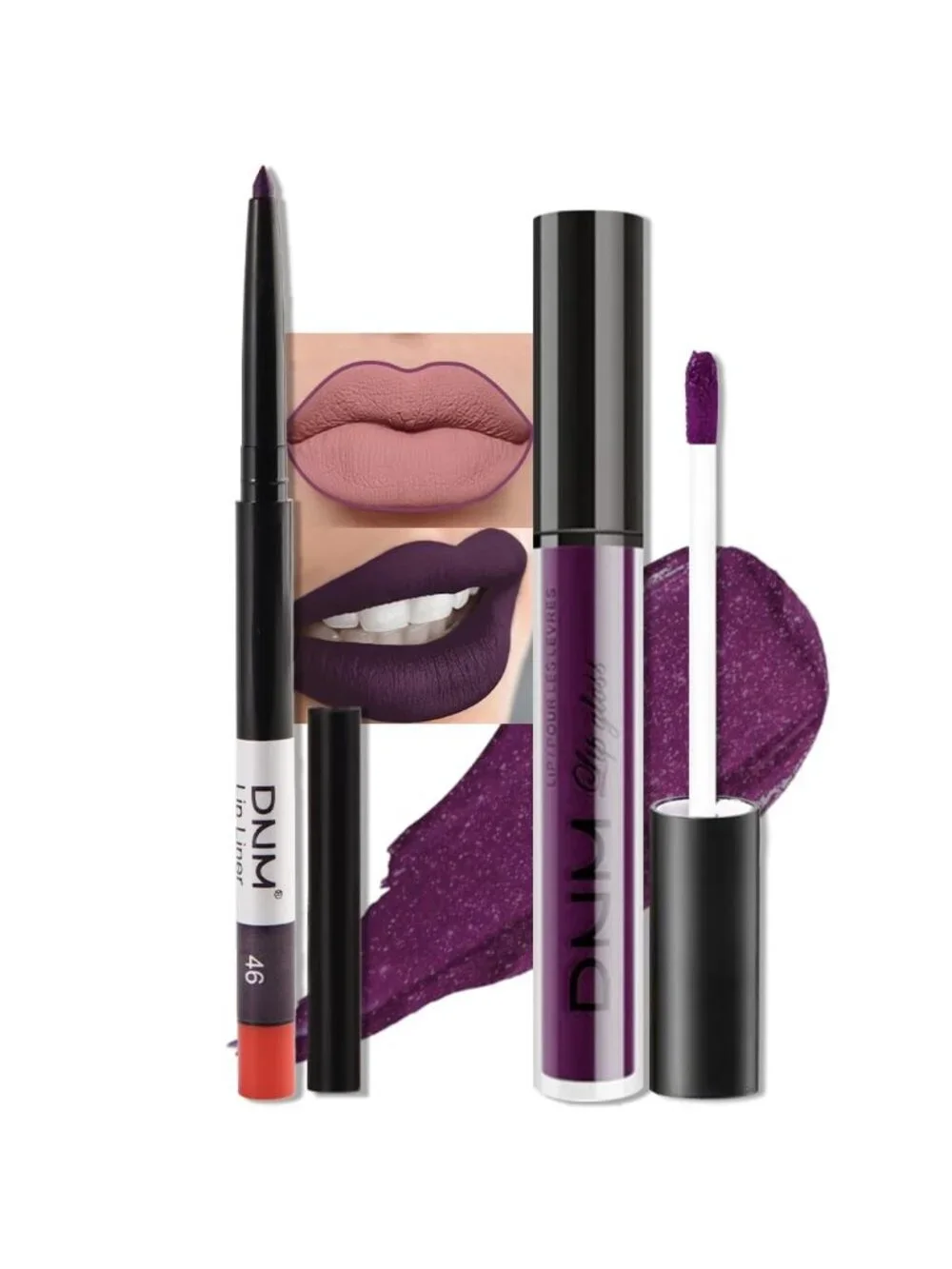 DNM 46# Dark Purple 2Pcs 24H Long-Lasting Matte Liquid Lipstick and Lip Liner